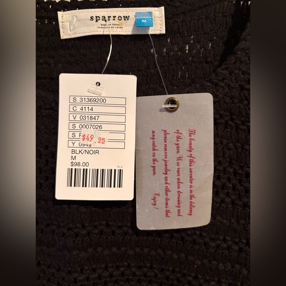 Sparrow Crochet Knit Top Womens Medium Black Boho Lace 3/4 Sleeve NWT - Picture 5 of 9